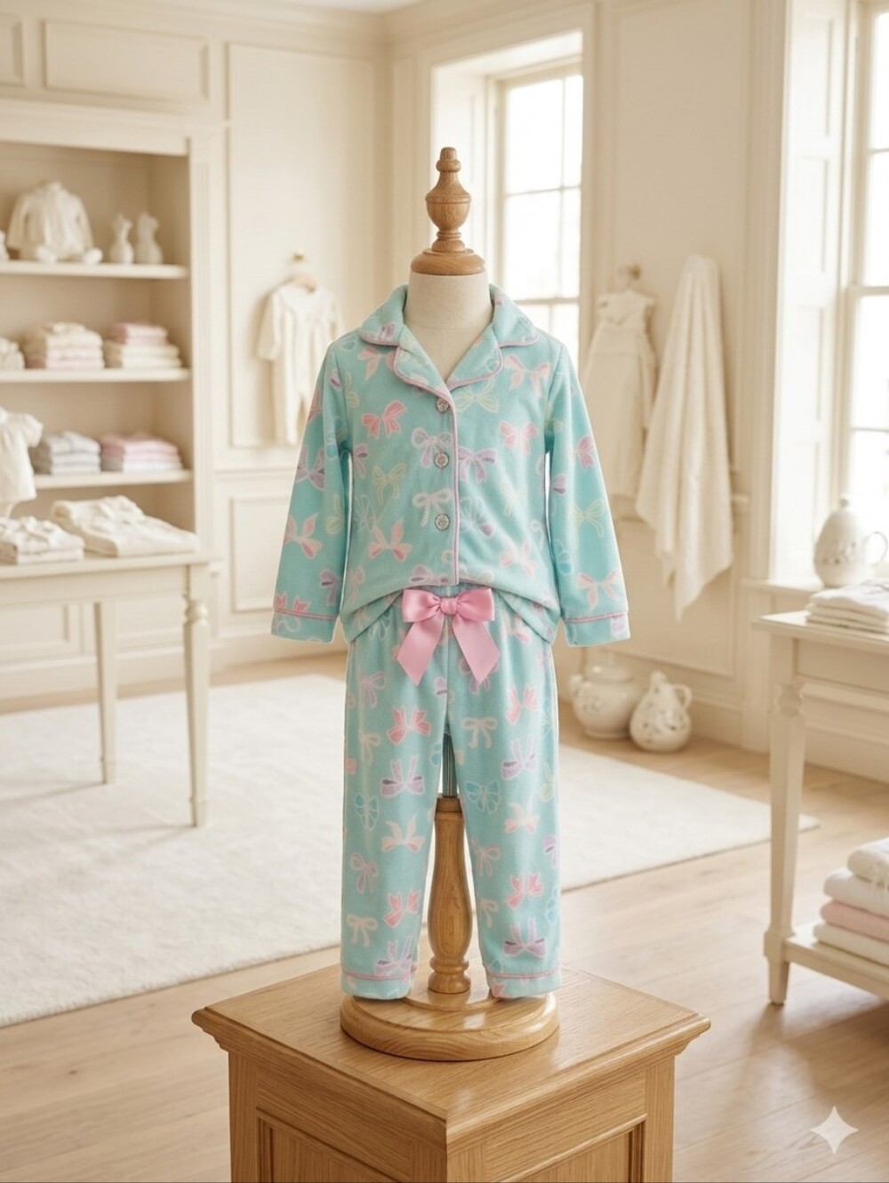 Sleep On It Turquoise Velour Pink Bow Glitter Button Pajama Set 2T